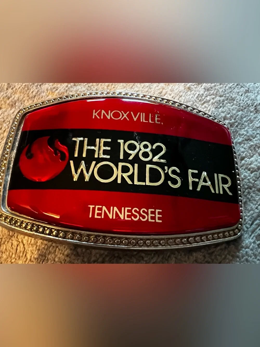 Vintage 1982 World's Fair Commemorative Belt Buckle - Red and Black